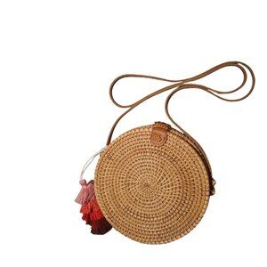 Round Woven Crossbody Bag with Tassels